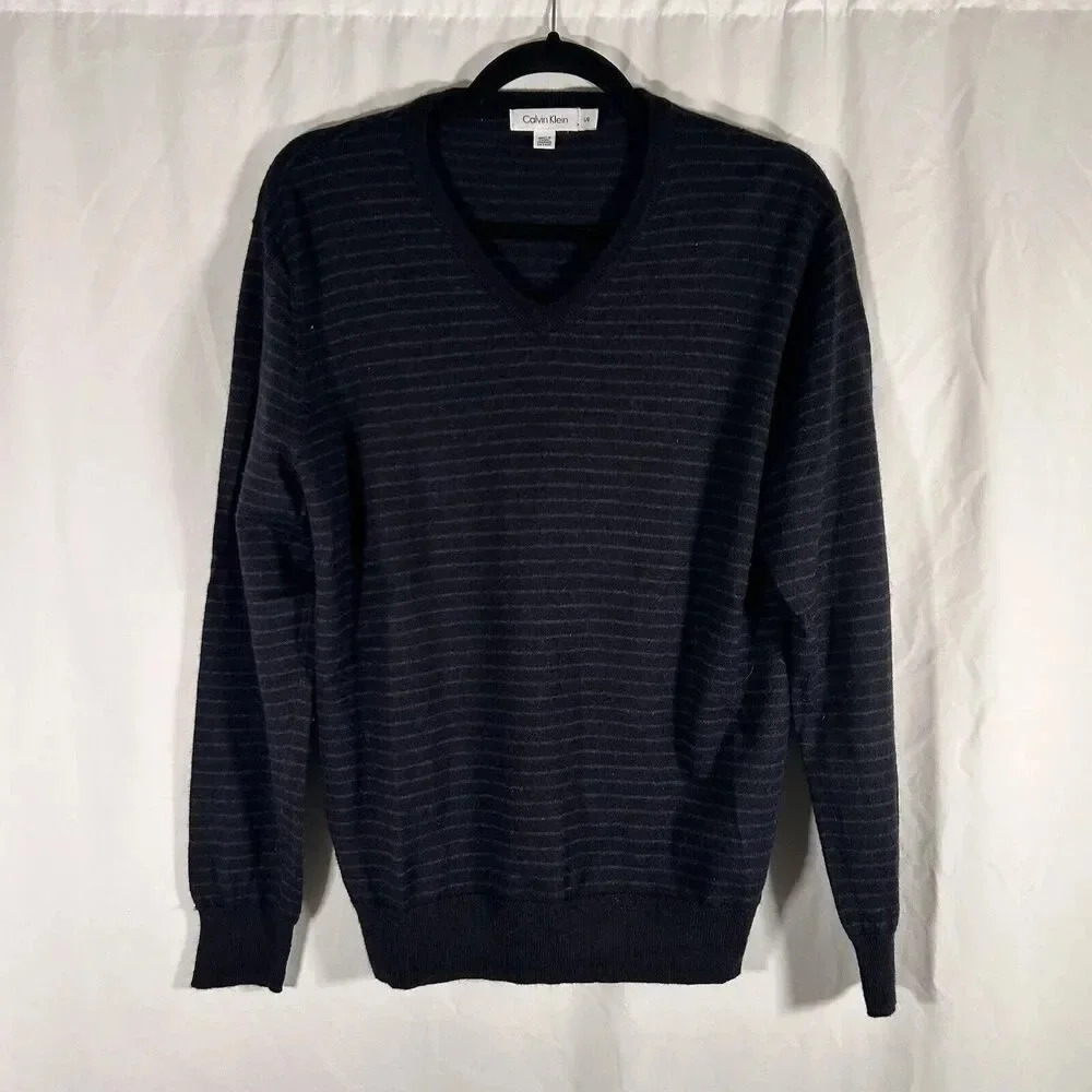 Calvin Klein Wool Blend Sweater Men Large Black Striped Vneck Long Sleeve Merino